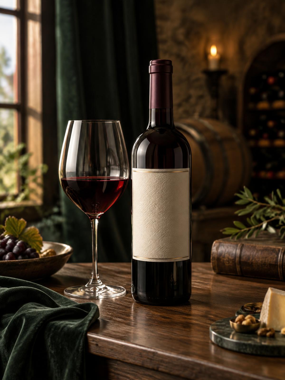 Garrafa e taça de vinho na adega Casa Vinoir